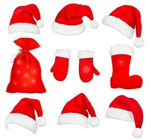 红色的圣诞老人的帽子和衣服的大集。矢量插画.