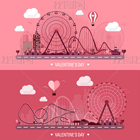 Vector illustration. Valentines day. Love. 14 february. Park. Ferris wheel. Roller coaster.