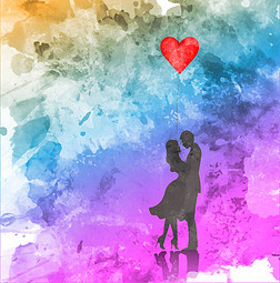 爱情情侣的浪漫剪影。情人节2月14日。快乐的恋人。矢量插图, 水彩风格