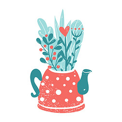 情人节和婚礼的剪贴画。可爱的茶壶与花束。春天的花在被隔绝的锅在白色背景