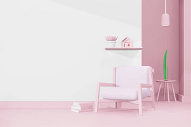 可爱快乐的情人节日室，配有3D款式的家具模板，模仿柔和的粉色