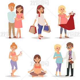 Young pregnant woman, pregnancy female belly expecting beautiful future mother character vector set.