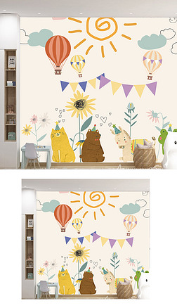 北欧ins手绘卡通动物儿童房背景墙