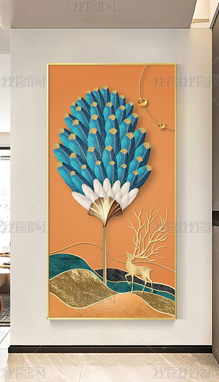 现代简约轻奢创意羽毛山水麋鹿客厅玄关装饰画