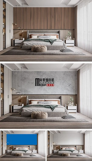 现代新中式卧室床头木纹背景墙样机x120