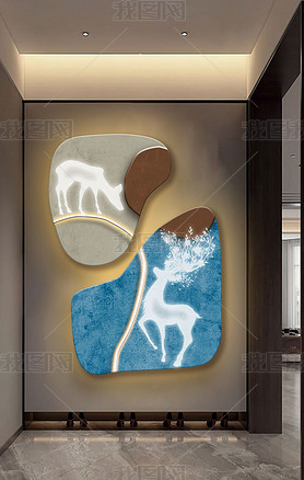 北欧现代抽象简约发财鹿动物无框画灯带画装饰画