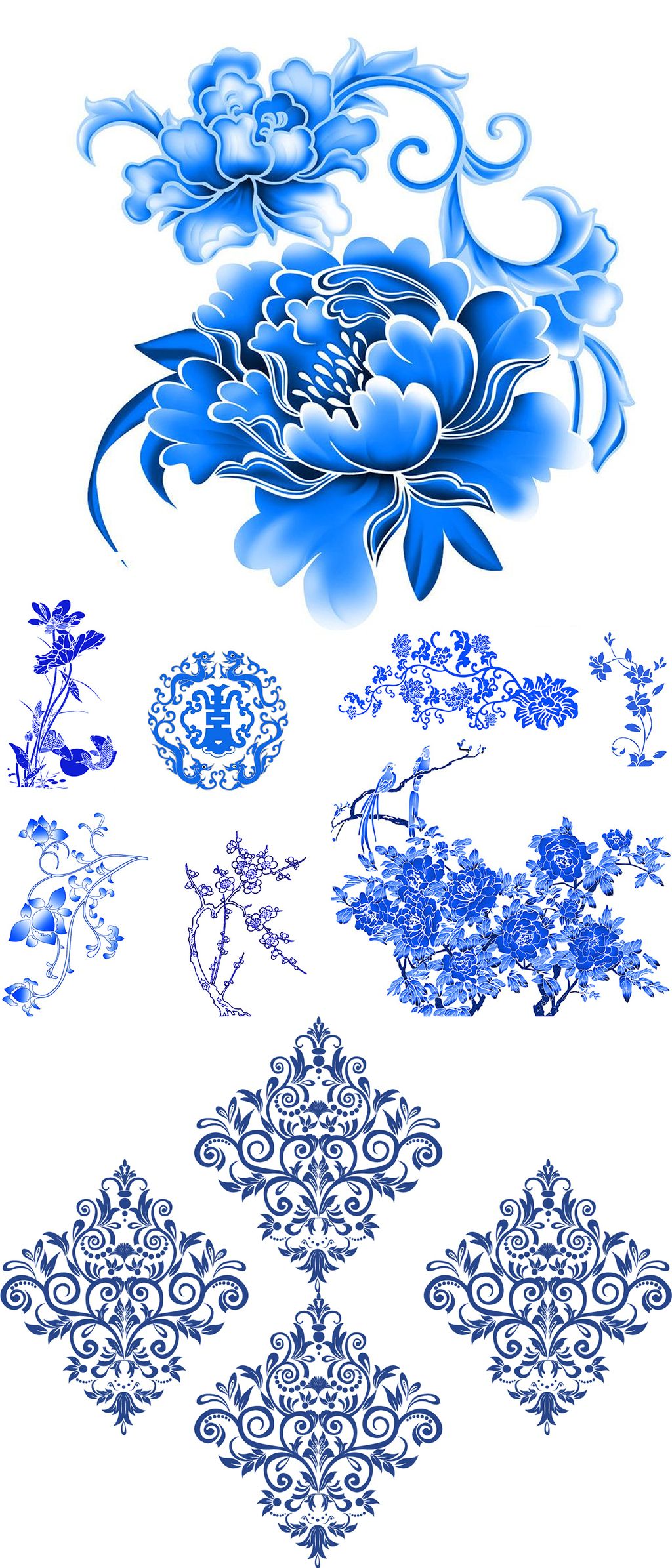 中国青花瓷图案青花菊青花牡丹花纹矢.