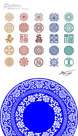 古典祥云花纹圆盘中国风复古花纹青花素材