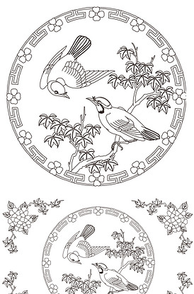 2017古典中国风白描线条花鸟图案.