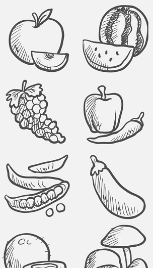 黑白线描手绘水果和蔬菜ai矢量素材