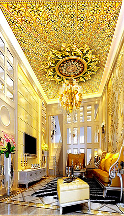黄金钻石转运盘轻奢酒店客厅商场天顶壁画