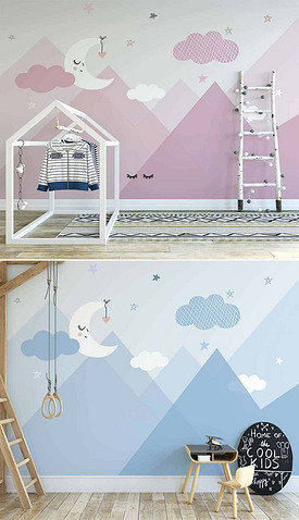 北欧ins手绘粉色山峰星空云朵儿童房背景墙