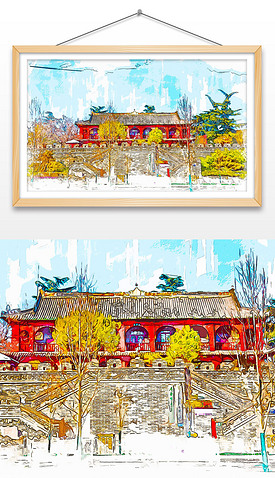 济宁市太白楼手绘水彩风格古建筑效果图