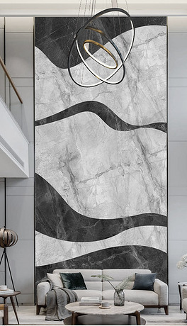 现代轻奢抽象波浪纹大理石水刀拼花复式背景墙