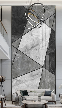 现代轻奢大理石抽象几何水刀拼花岩板背景墙