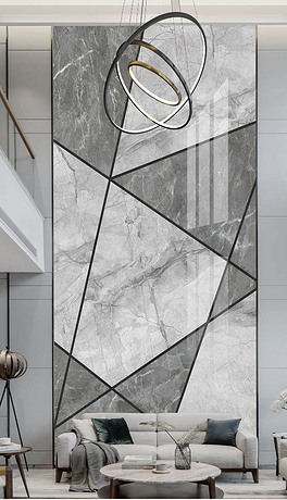 灰色石纹抽象几何水刀拼花大理石纹复式楼背景墙