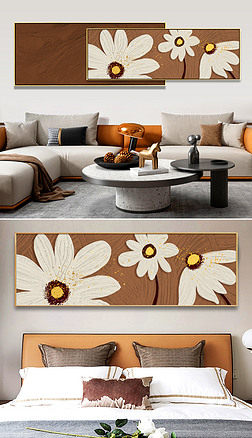 北欧手绘奶油色花卉客厅卧室双层装饰画6