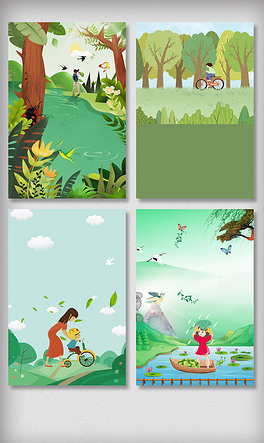 绿色手绘春季踏青插画海报背景素材