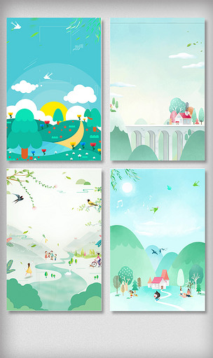 手绘春天踏青插画风景海报背景元素