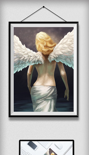 小清新梦幻女孩背影天使翅膀插画手绘风挂画