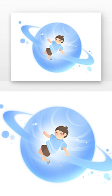 儿童与星球唯美男孩坐蓝色星球