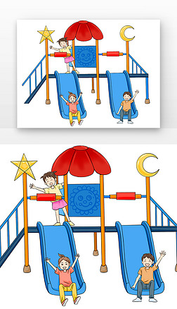 儿童在玩具架子儿童节蓝色滑梯玩耍儿童