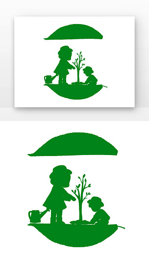 剪影绿色树叶环保树下人物种树浇水