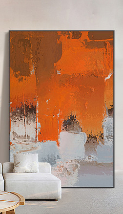 现代抽象橙色笔触色块拼接艺术客厅玄关装饰画