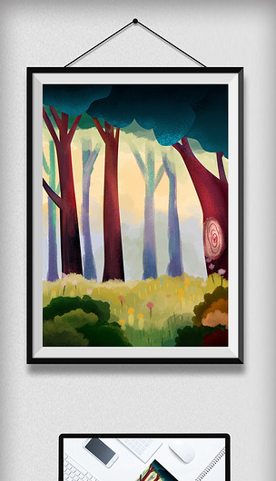 夏天水彩手绘插画装饰画森林草地海报