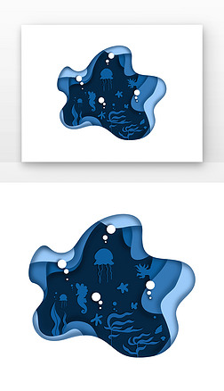 蓝色海洋动植物剪纸风海洋