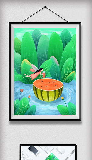夏天小清新手绘西瓜插画清凉夏季风景装饰画