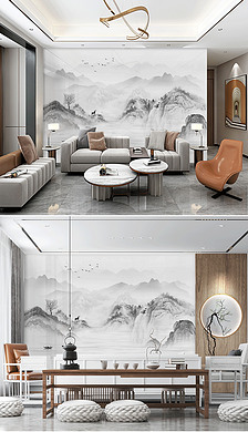 新中式水墨山水禅意山水装饰画中式山水壁画