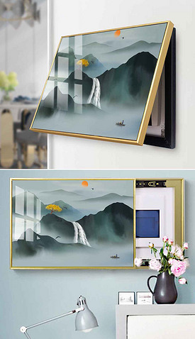 新中式水墨抽象意境山水瀑布电表箱装饰画