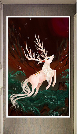 中式幸福长寿神兽白鹿山水玄关过道