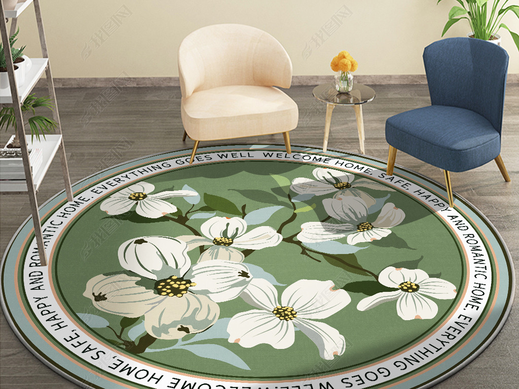 北欧小清新绿色花卉圆形艺术地毯设计