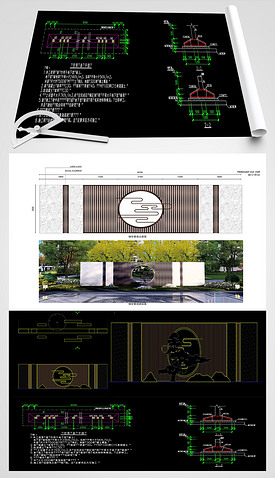 新中式景墙CAD施工图效果图
