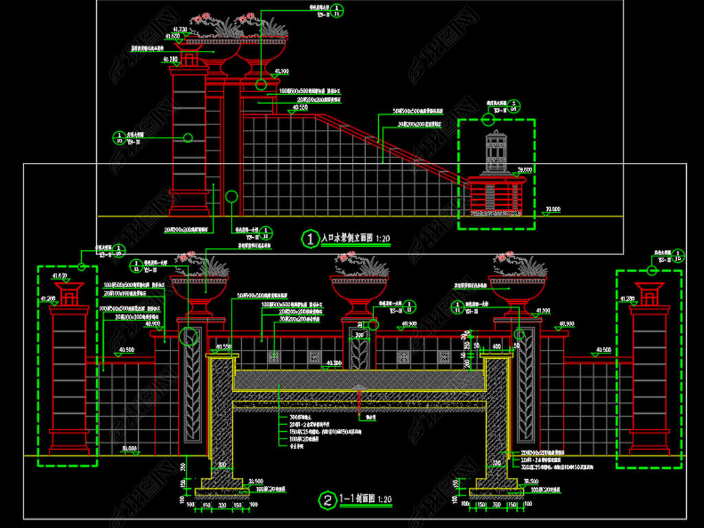 住宅入口跌水景墙灯柱节点详图设计CAD图库