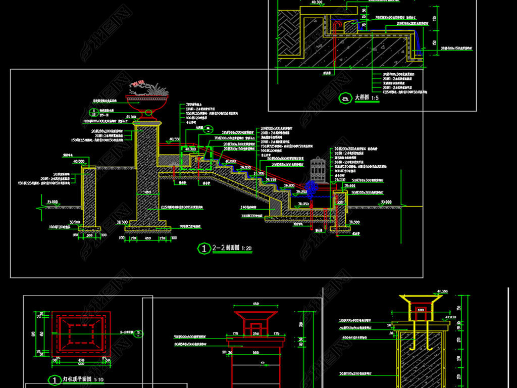 住宅入口跌水景墙灯柱节点详图设计CAD图库