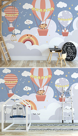 北欧ins手绘云朵热气球卡通小动物儿童背景墙