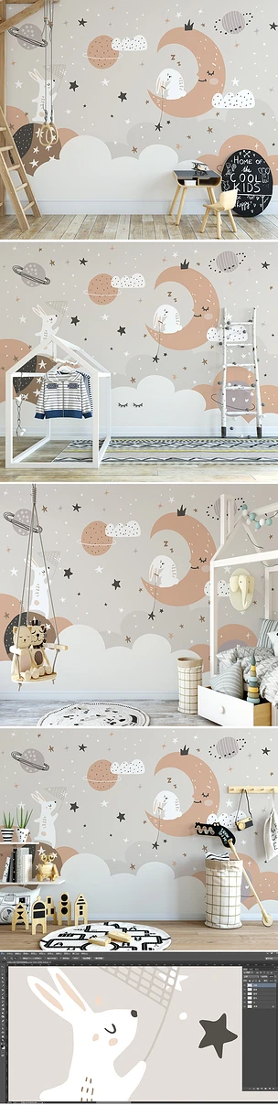 北欧ins手绘星球月亮星空小白兔儿童房背景墙