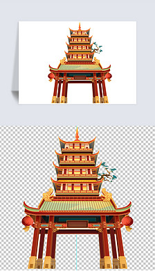 手绘国潮卡通四方楼凉亭塔阁龙头檐匾额古建筑