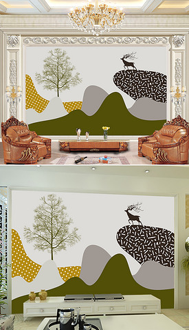 抽象高山麋鹿大树莫兰迪诧寂风客厅电视背景墙