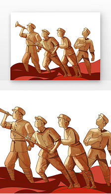 军装卡通免抠元素|复古军装一起吹号角冲锋吹号手