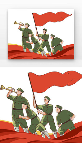 复古军装一起吹号角冲锋红旗军人
