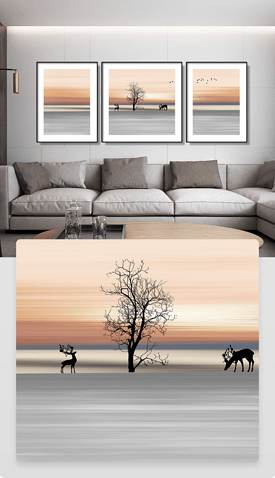 现代抽象客厅背景三联画麋鹿风景挂画