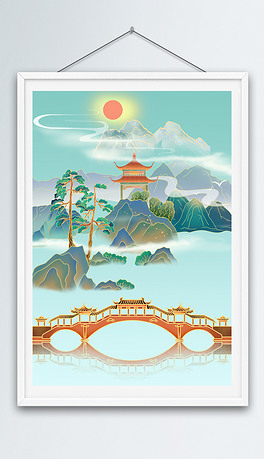 卡通手绘国潮山水云雾休息遮阳亭子风雨桥插画