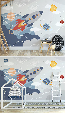 北欧ins手绘太空宇宙卡通火箭星球儿童背景墙