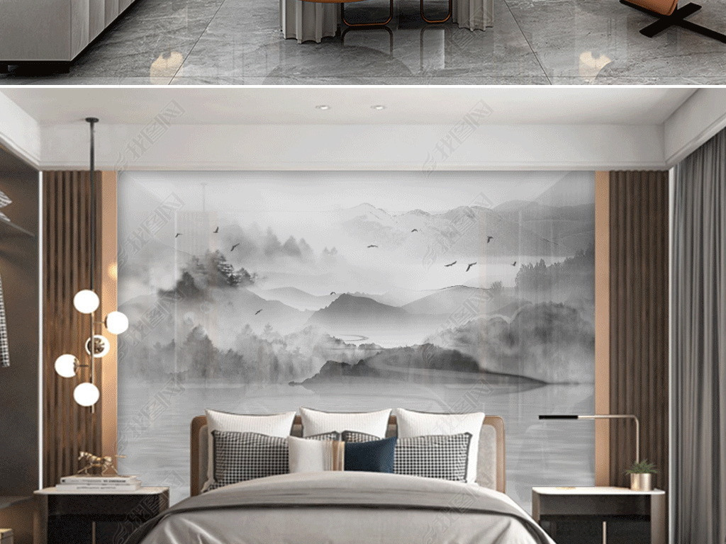 新中式整体护墙板灰色山水背景墙