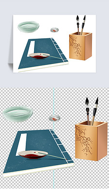 手绘文房四宝书法绘画笔筒毛笔用品笔墨纸砚元素