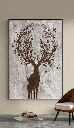 现代简约抽象麋鹿装饰画肌理立体侘寂风落地画